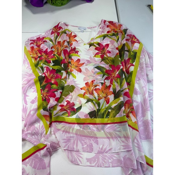 Susan Graver Floral Print V Neck Caftan Top 2X 3XL Pink Orange Green - Picture 6 of 13
